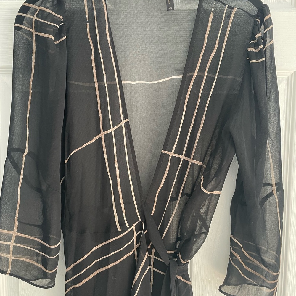 BCBGMAXAZRIA black with gold stripes wrap dress/cover up, sheer